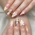 Nail Tabs for Press On Nails – Pastel Yellow Pink Polka Dot Doll & 3D Bow Long Almond Handmade Cute Coquette Fake Nails | OB07L