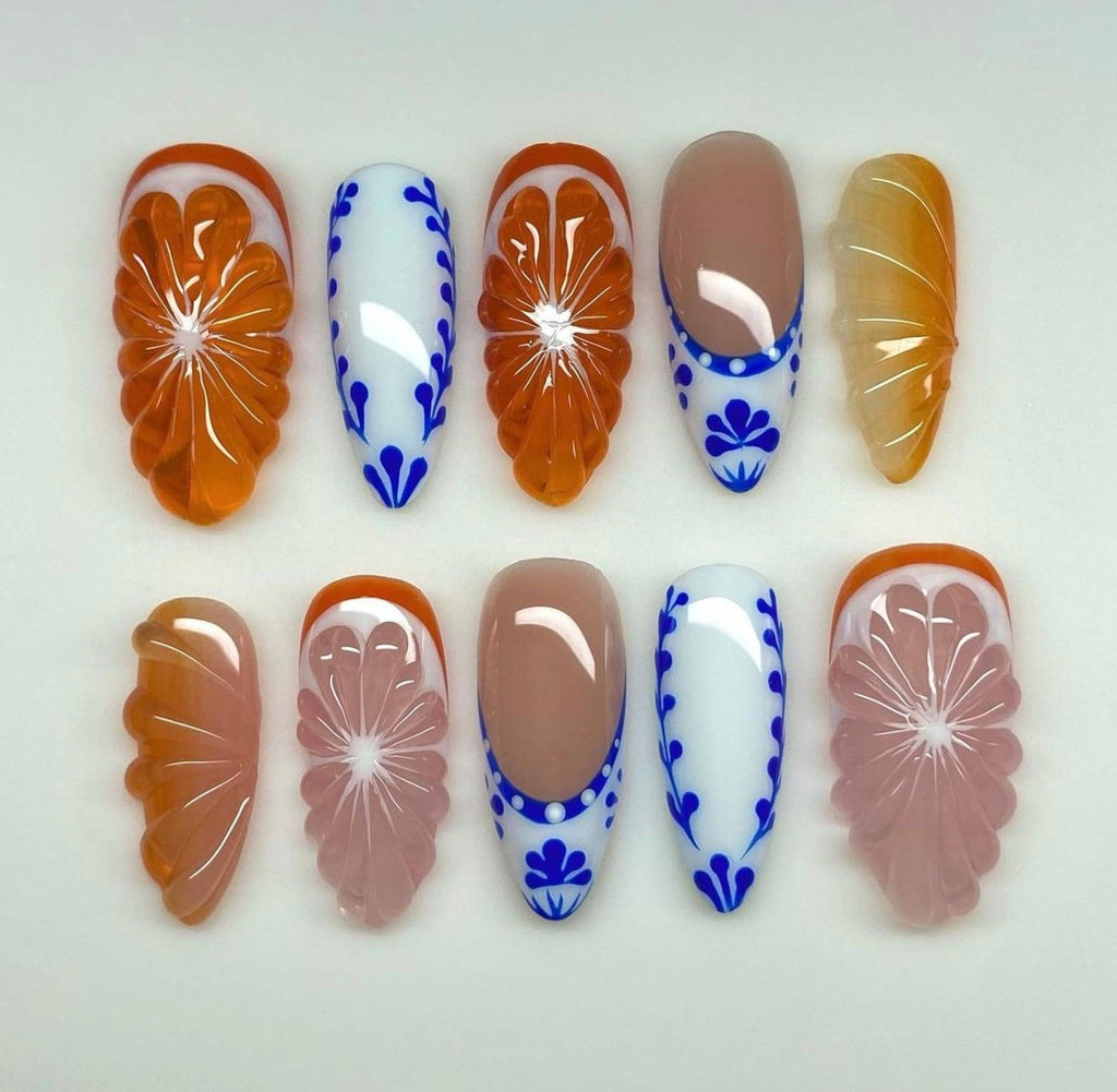 Handmade 3D Orange & Blue Fruit Lovers Press On Nails Z87