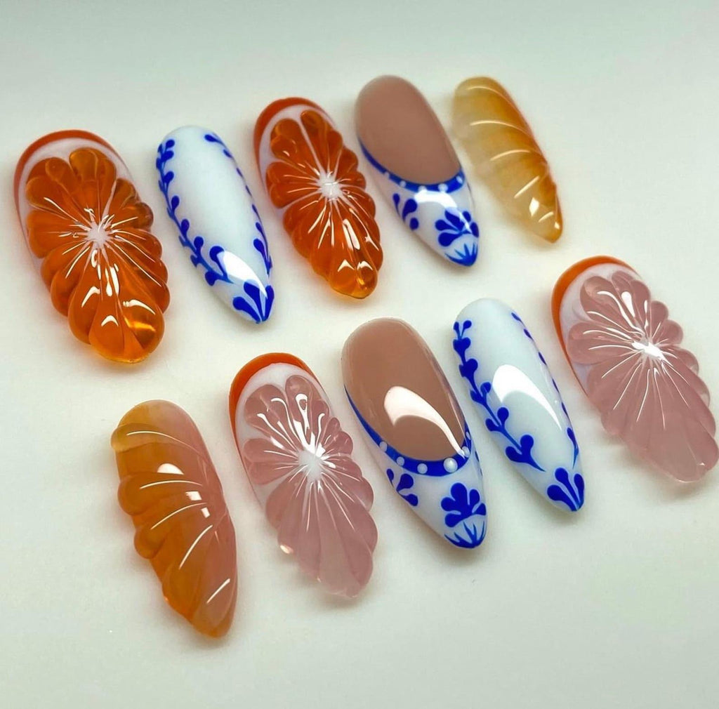 Handmade 3D Orange & Blue Fruit Lovers Press On Nails Z87