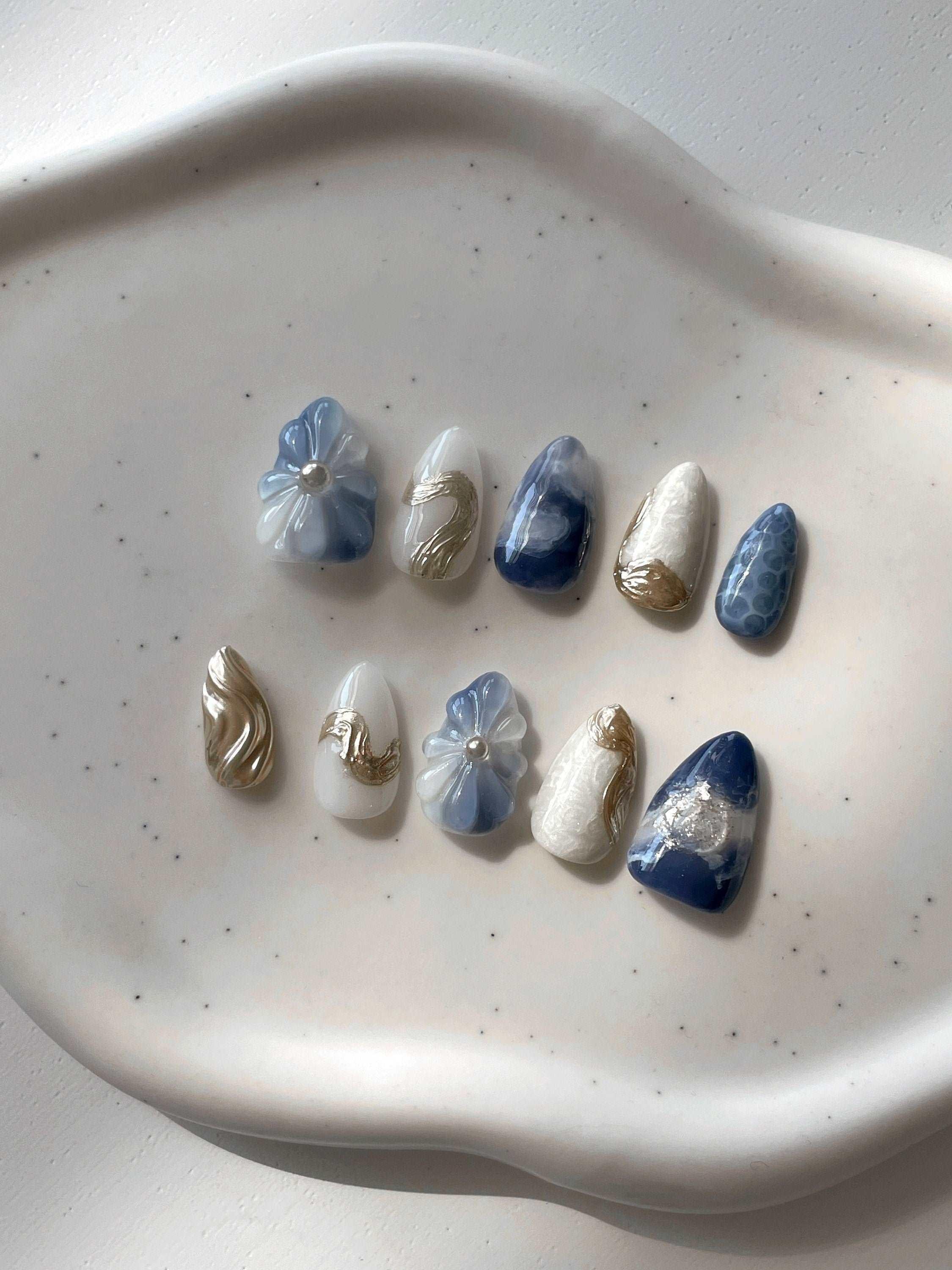 3D Flower Ocean Gold Chrome Press on Nails - Reusable Handmade Fake Nails M88