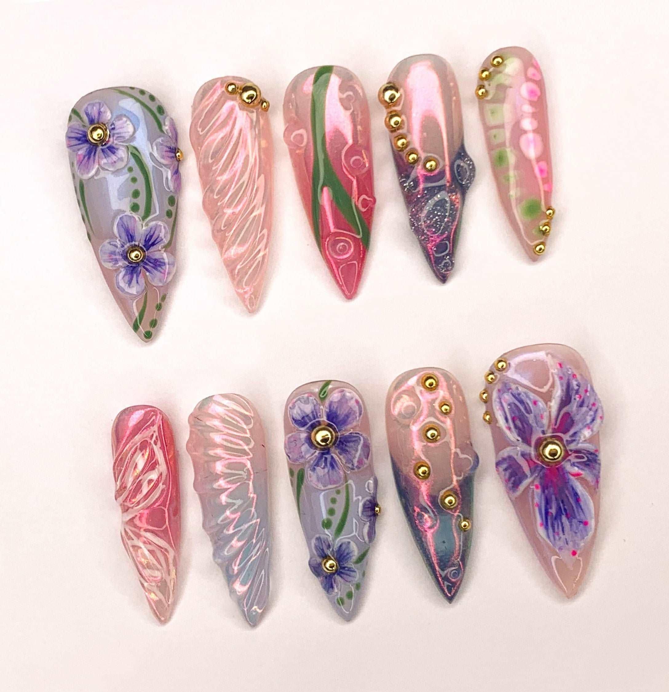 Handmade Butterfly Floral Spring and Summer Press On Nails W47