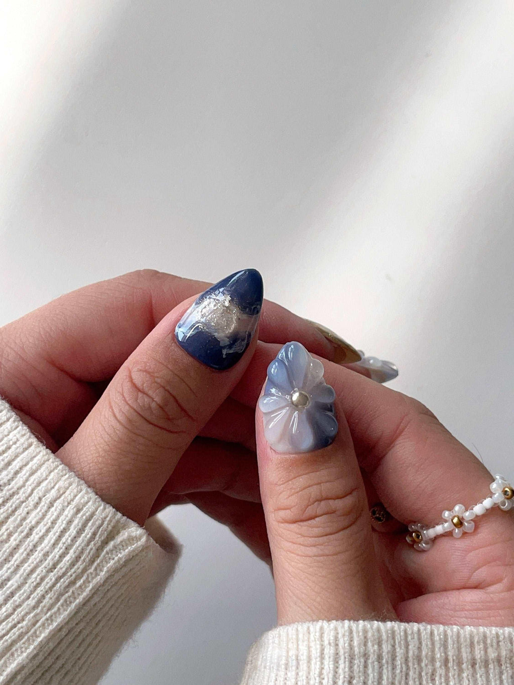 3D Flower Ocean Gold Chrome Press on Nails - Reusable Handmade Fake Nails M88
