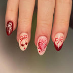 Bunny Hear Cherry Bow Fake Nails - Red. White and Silver Design W40