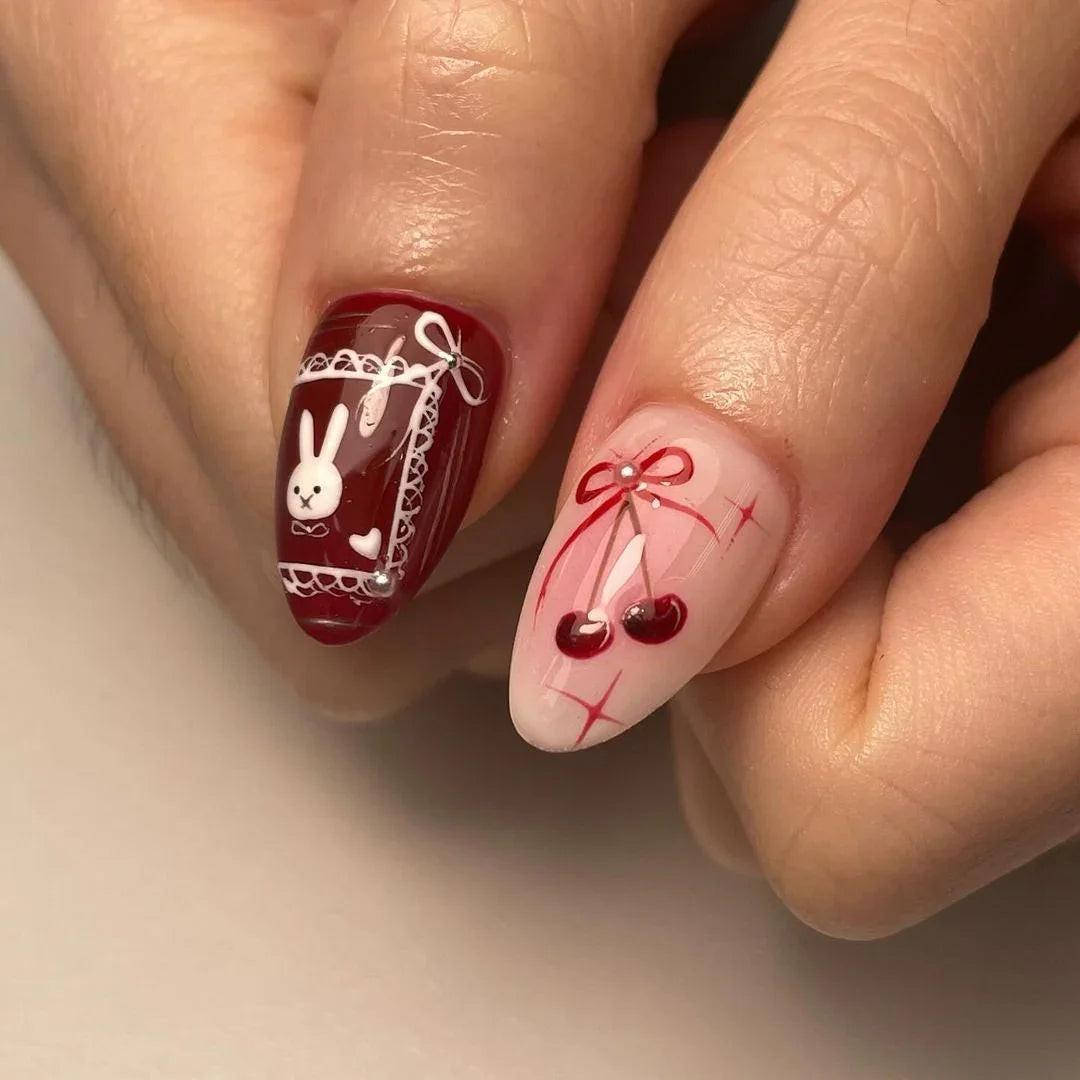 Bunny Hear Cherry Bow Fake Nails - Red. White and Silver Design W40