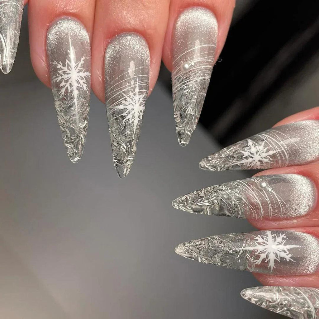 Custom Snowflake Ice Clear Glass Winter Reusable Press on Nails S15
