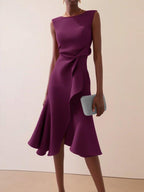 Red Sleeveless Midi Elegant A-line Dress with Waist Twist for Day-to-Night