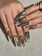 Gothic Celestial Press On Nails. Dark Cat Eye Galaxy Nails with Silver Stars. Edgy Ethereal Stiletto Nails with Metallic Charms. OC1289HC