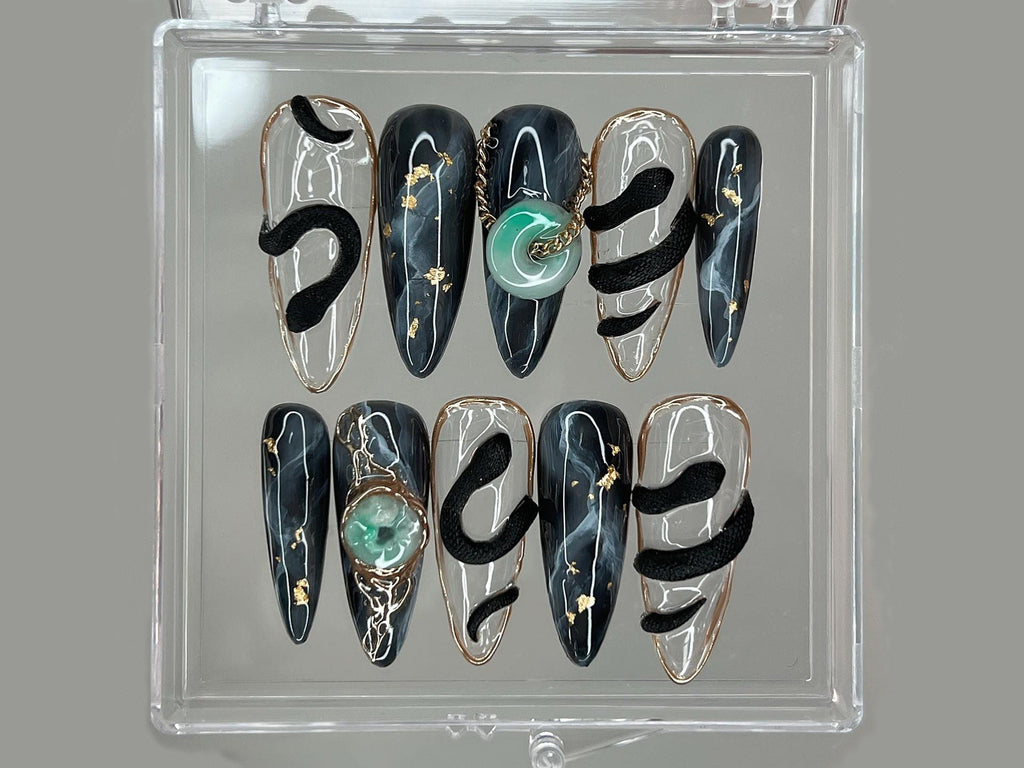 Stunning Press On Nails Almond | Nail Set With Jade Elegance | 3D Black Serpent Design | Luxury Nail Art | Goth. Gothic. Y2K Nails | OB250