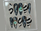 Stunning Press On Nails Almond | Nail Set With Jade Elegance | 3D Black Serpent Design | Luxury Nail Art | Goth. Gothic. Y2K Nails | OB250