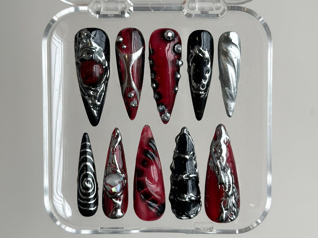 Gothic Chrome Press On Nails | Deep Red & Black 3D Design | Metallic Silver Accents | Spiky Statement Fake Nails | OC560BK