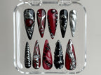 Gothic Chrome Press On Nails | Deep Red & Black 3D Design | Metallic Silver Accents | Spiky Statement Fake Nails | OC560BK