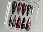 Hand-Painted Free-Style Press On Nails | Silver Metallic Crystal Long Stiletto | Custom Chrome Fake Nails | Y2K. Goth. Gothic Nails |OB295T