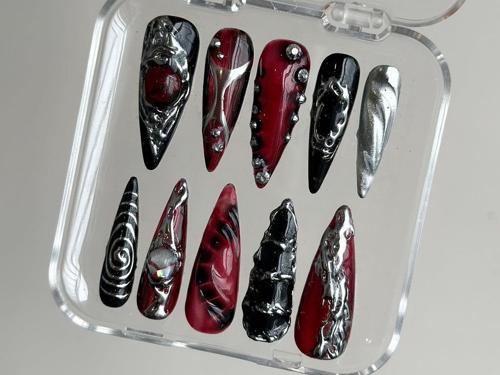 Gothic Chrome Press On Nails | Deep Red & Black 3D Design | Metallic Silver Accents | Spiky Statement Fake Nails | OC560BK