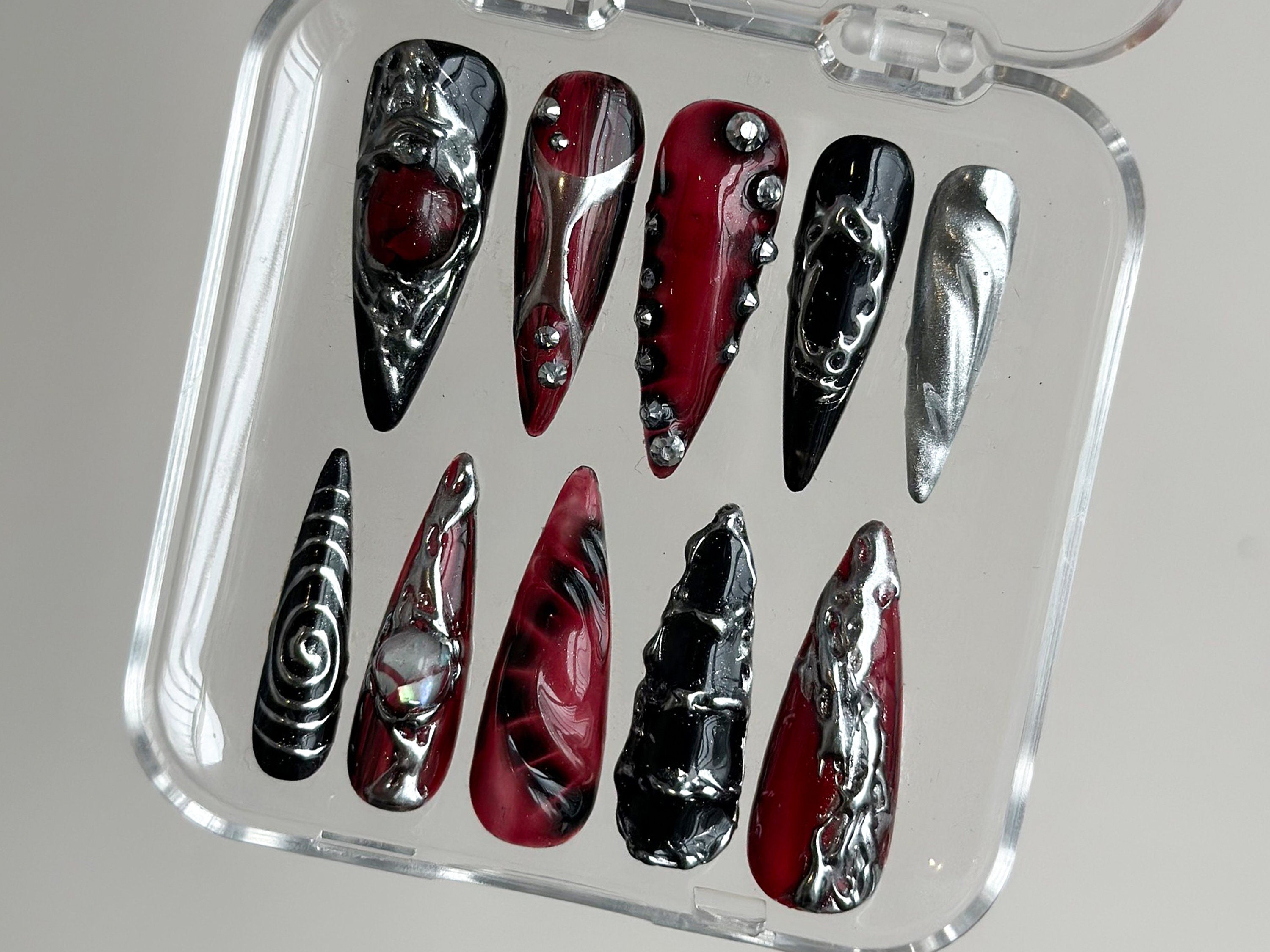 Gothic Chrome Press On Nails | Deep Red & Black 3D Design | Metallic Silver Accents | Spiky Statement Fake Nails | OC560BK