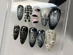 Cool Gothic-inspired Press On Nails | Goth Dark Blue Almond Nails | 3D Gel Nail with Eye Motif | Halloween Handpainted Mysterious | OB302A
