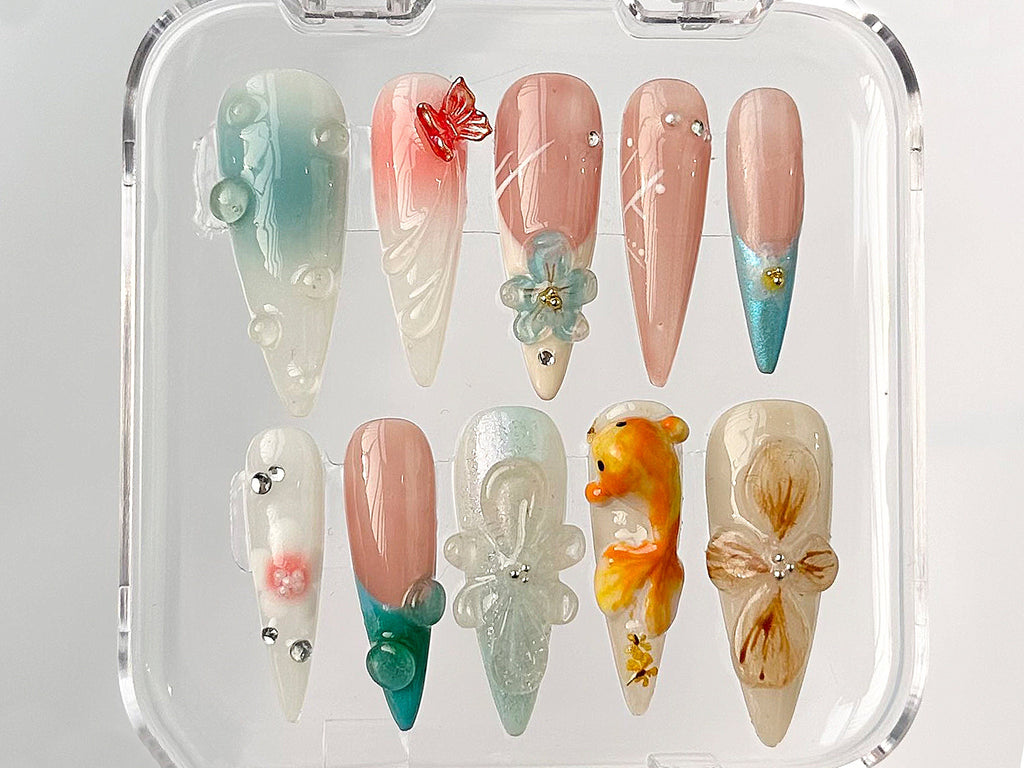 3D Orchard Floral Press On Nails Long Almond | Flowers Custom Hanpainted Nail Art | Fairy Tale Inspired Fake Nails | Fairycore Nails| OB326A