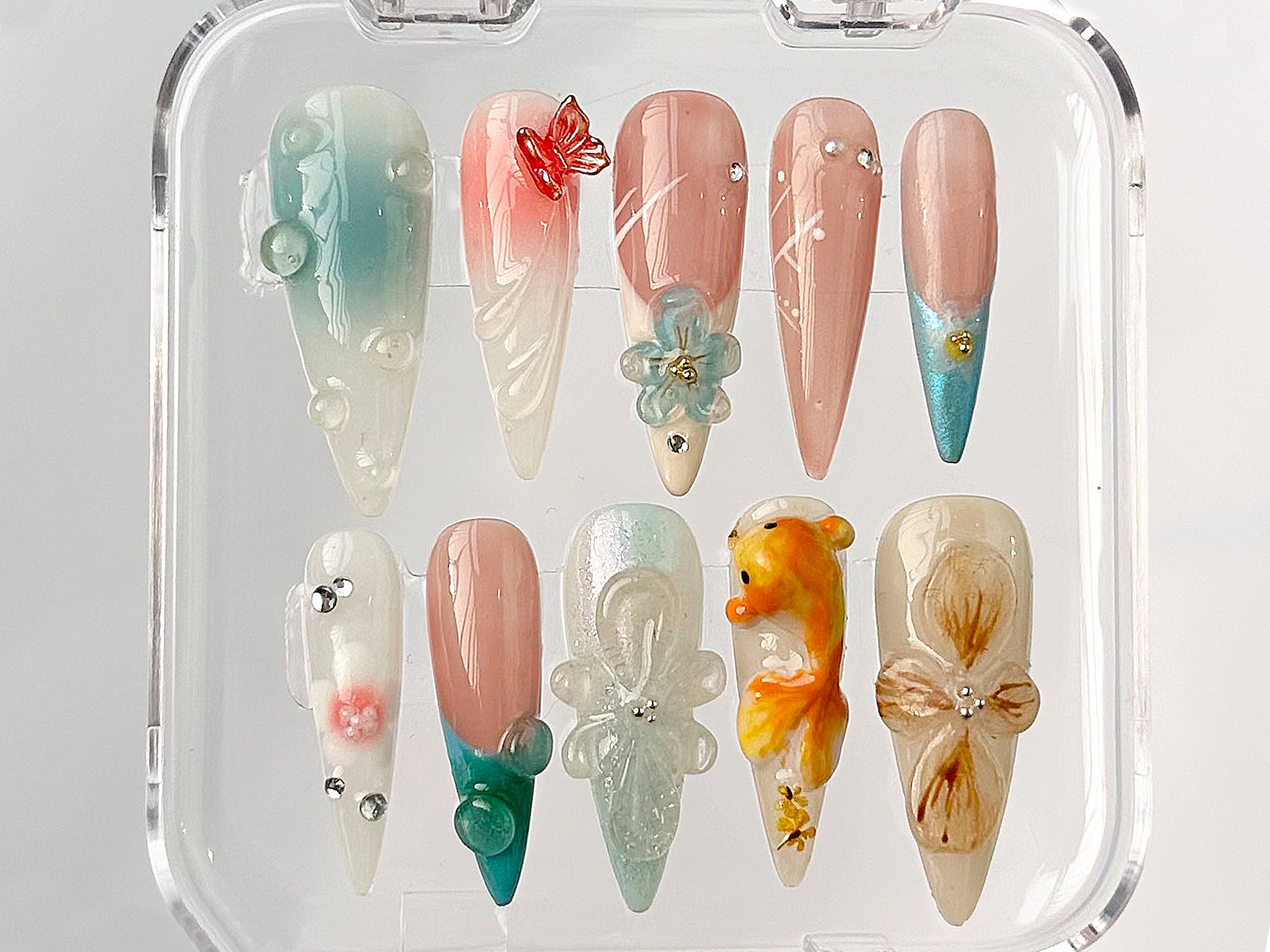 3D Orchard Floral Press On Nails Long Almond | Flowers Custom Hanpainted Nail Art | Fairy Tale Inspired Fake Nails | Fairycore Nails| OB326A