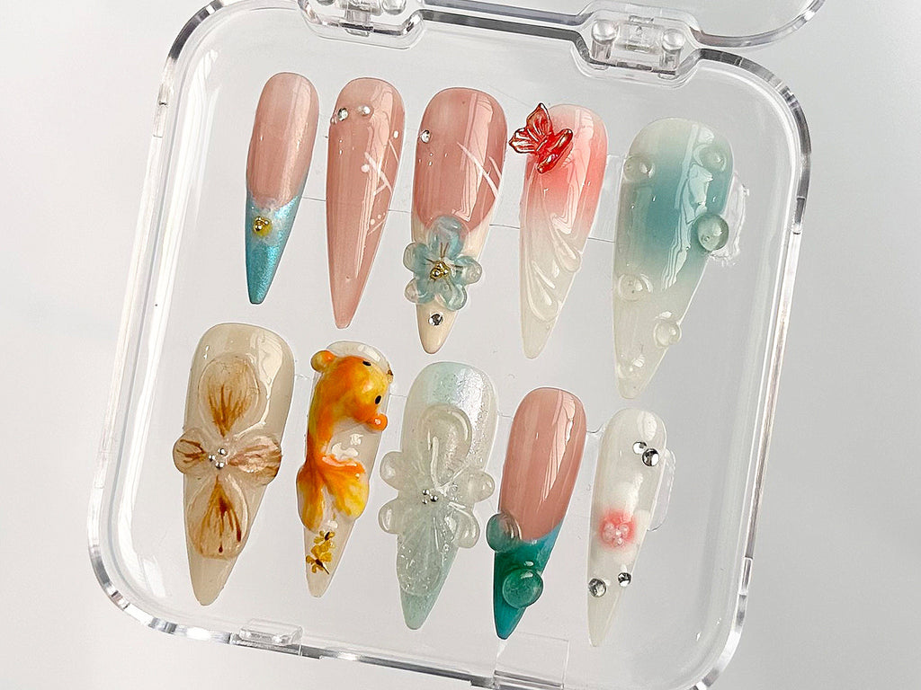 3D Orchard Floral Press On Nails Long Almond | Flowers Custom Hanpainted Nail Art | Fairy Tale Inspired Fake Nails | Fairycore Nails| OB326A