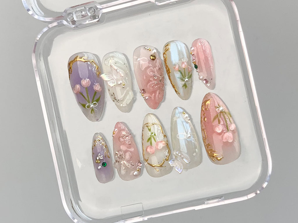 Dreamy Press On Nails Almond | Jelly Pastel Tulip Nail Art | 3D FairyCore Flower Press Ons | Romantic Nail Art in Fake Nails | OB347T