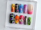 Vibrant Handcrafted Press On Nails | Colorful. Artistic Fake Nails | Globe charms on Acrylic Nails | Trendy and Unique Nail Art | OB376T
