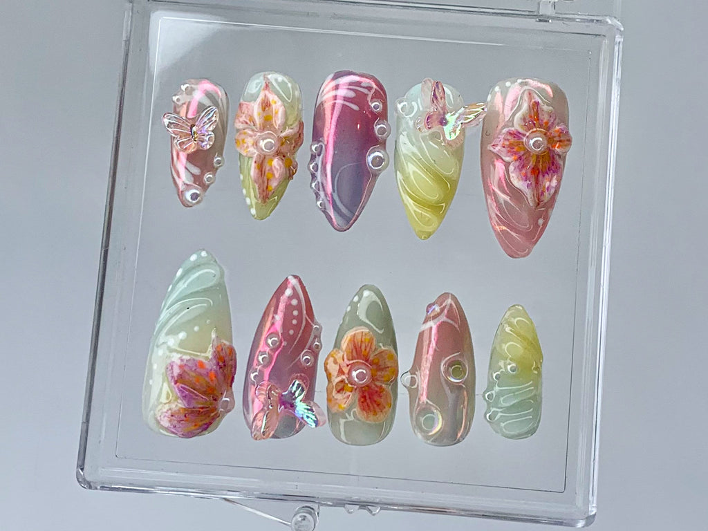 Secret Garden Long Almond Press On Nails | Stunning 3D Floral On Fake Nails | Custom 3D Butterfly Nail Art|Nail Charms. gyaru nails |OB399TK