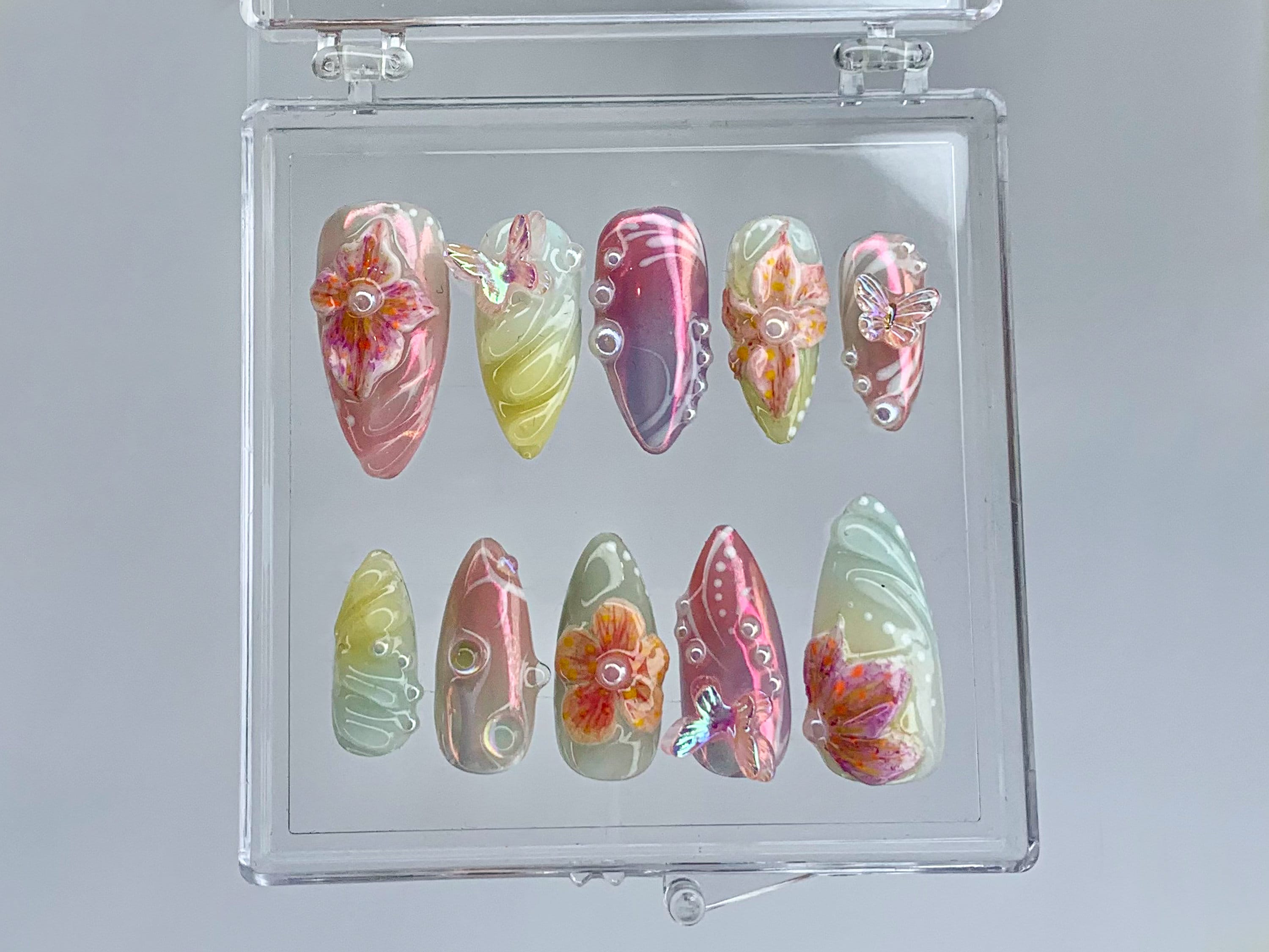 Secret Garden Long Almond Press On Nails | Stunning 3D Floral On Fake Nails | Custom 3D Butterfly Nail Art|Nail Charms. gyaru nails |OB399TK