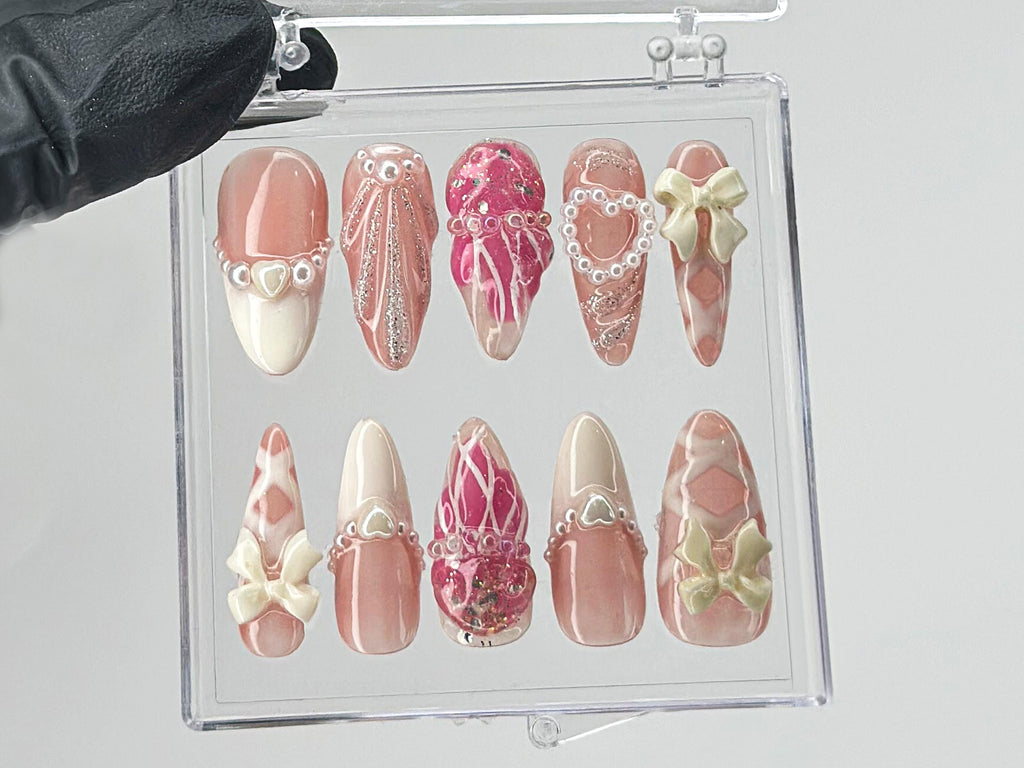 Romantic Bows Press On Nails | Custom Pearl and Glitter Patterns On Fake Nails | French Tip Nail Art | Cute Jellyfish Gyaru Nails | OB410T