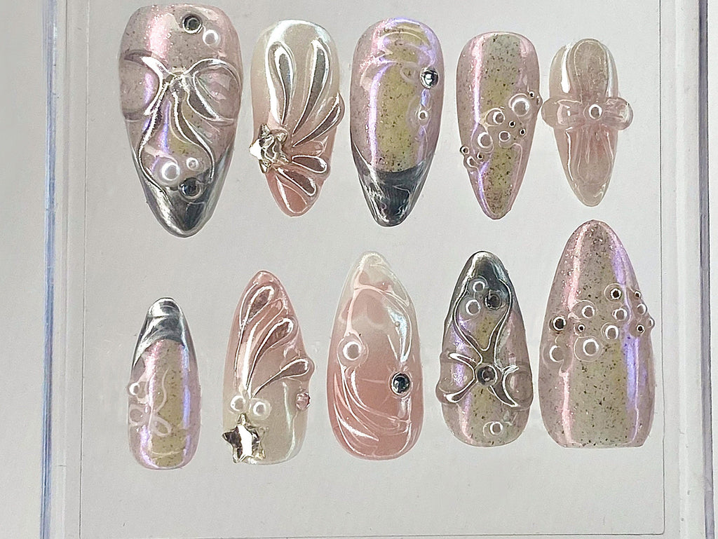 Pink 3D Gel Raised Press On Nail | Fluttery Butterfly Nail Art | Y2K Style Nails | Secret Garden Flower Nails | Silver Fake Nails | OB412Y