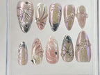 Pink 3D Gel Raised Press On Nail | Fluttery Butterfly Nail Art | Y2K Style Nails | Secret Garden Flower Nails | Silver Fake Nails | OB412Y