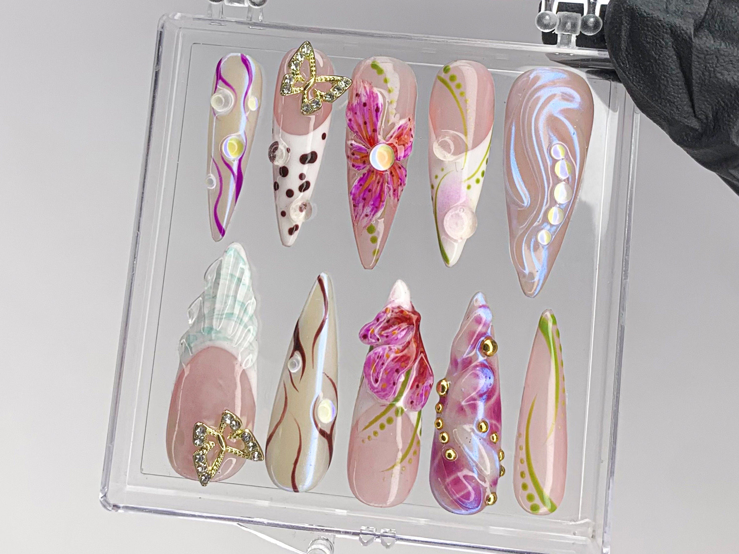 Luxurious butterfly Press On Nails | Stunning 3D Floral On Fake Nails | French Tips Nail Art | Nail Charms. gyaru nails | press ons| OB429TK