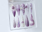 Free-Style Almond Press On Nails | Rosy Purple Press Ons | heart patterns nail art | Floral Violet On Fake Nails | Nail charms | OB345TC