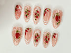 Pink Strawberry Garden Nails | Stand Out with 3D Gel Nail Set | Floral and Strawberry Patterns | Dreamy Garden on Your Fingertips | OC271S