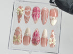 Romantic Bows Press On Nails | Custom Pearl and Glitter Patterns On Fake Nails | French Tip Nail Art | Cute Jellyfish Gyaru Nails | OB410T