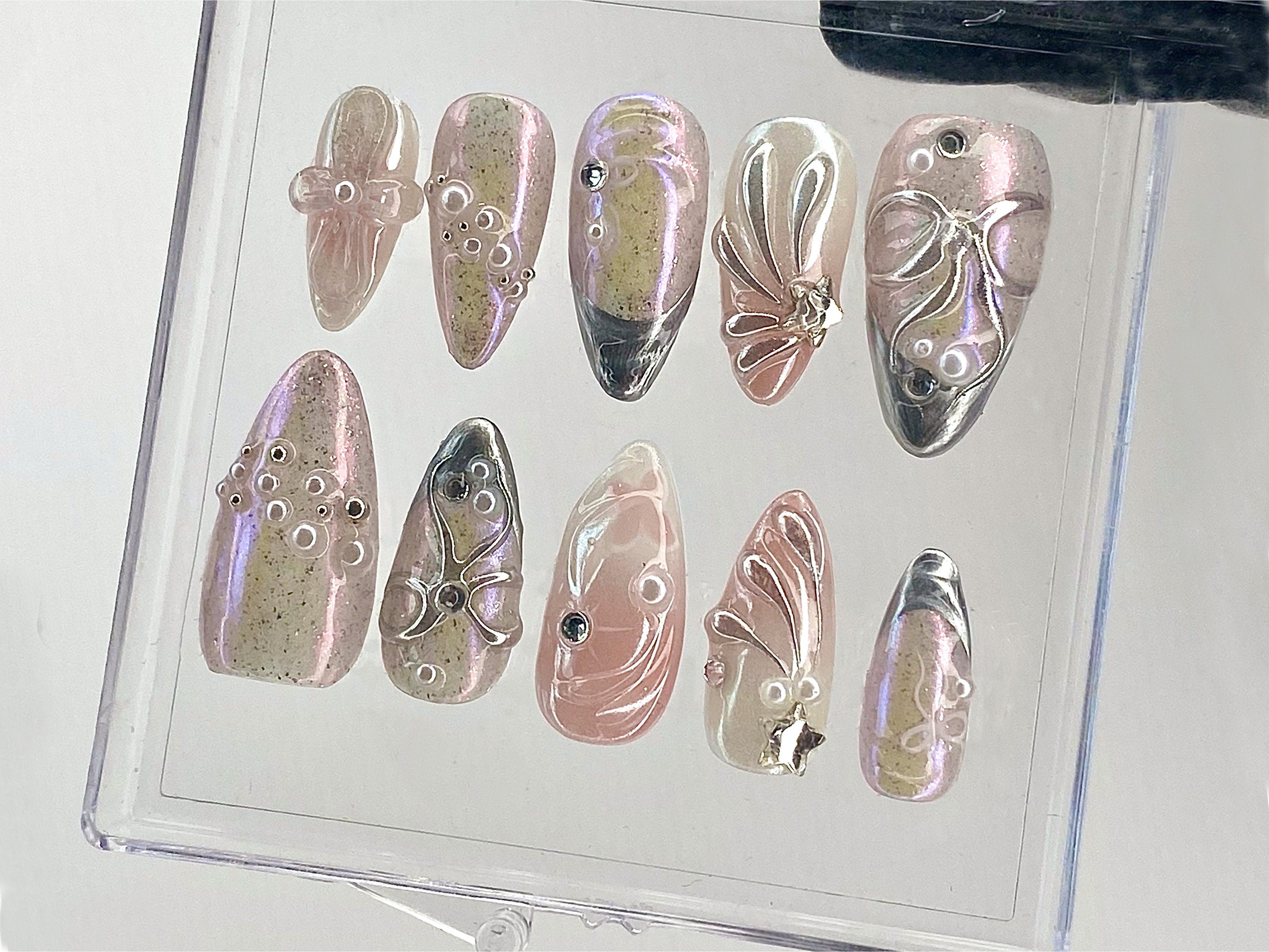 Pink 3D Gel Raised Press On Nail | Fluttery Butterfly Nail Art | Y2K Style Nails | Secret Garden Flower Nails | Silver Fake Nails | OB412Y