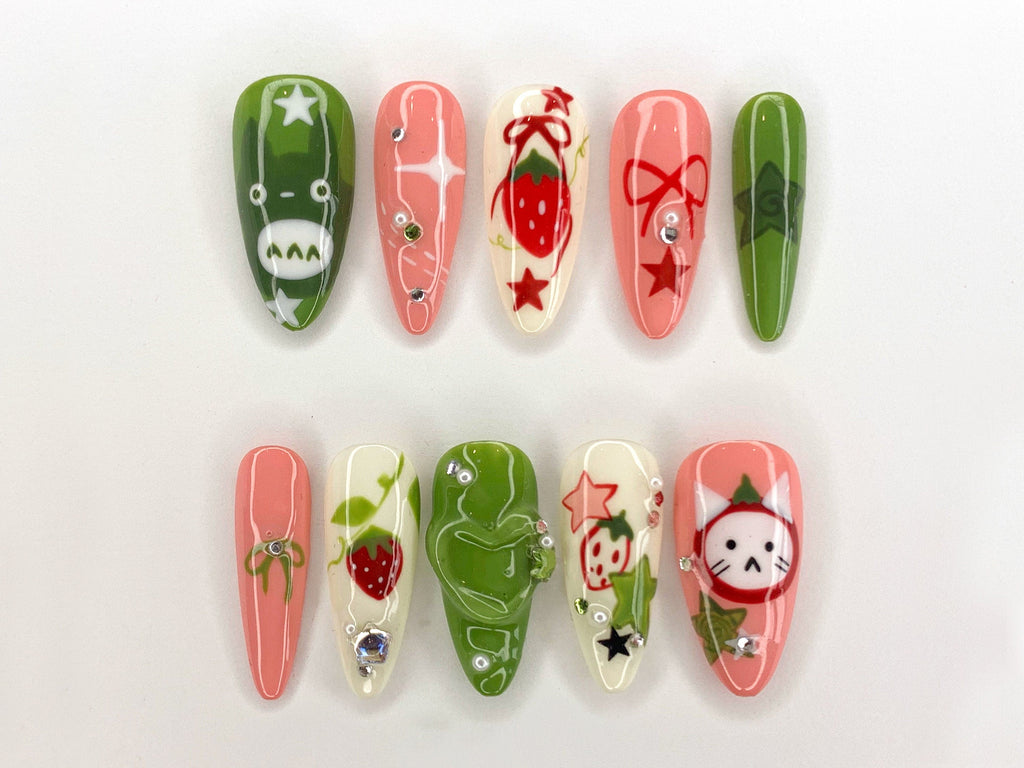 Ghibli Long Almond Press On Nails | Free Style Handpainted Cartoon in Fake Nails | Anime Nails Art | Miffy Nails | Abstract Nails| OC284S