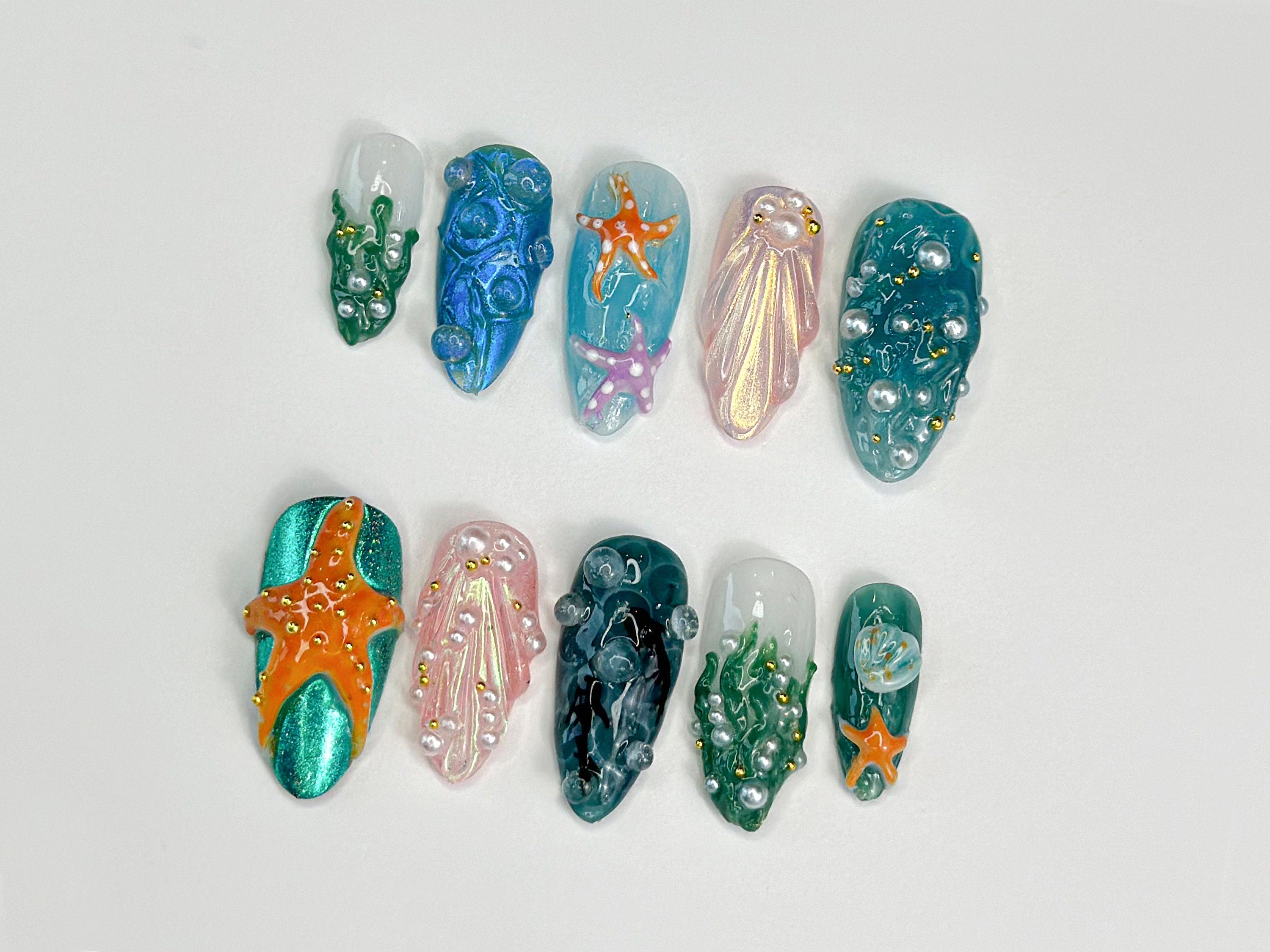 3D Tropical Beach Press On Nails | Ocean-Themed with Seaweed. Seashells. and Starfish | Handmade Press On Nails | OB316SL