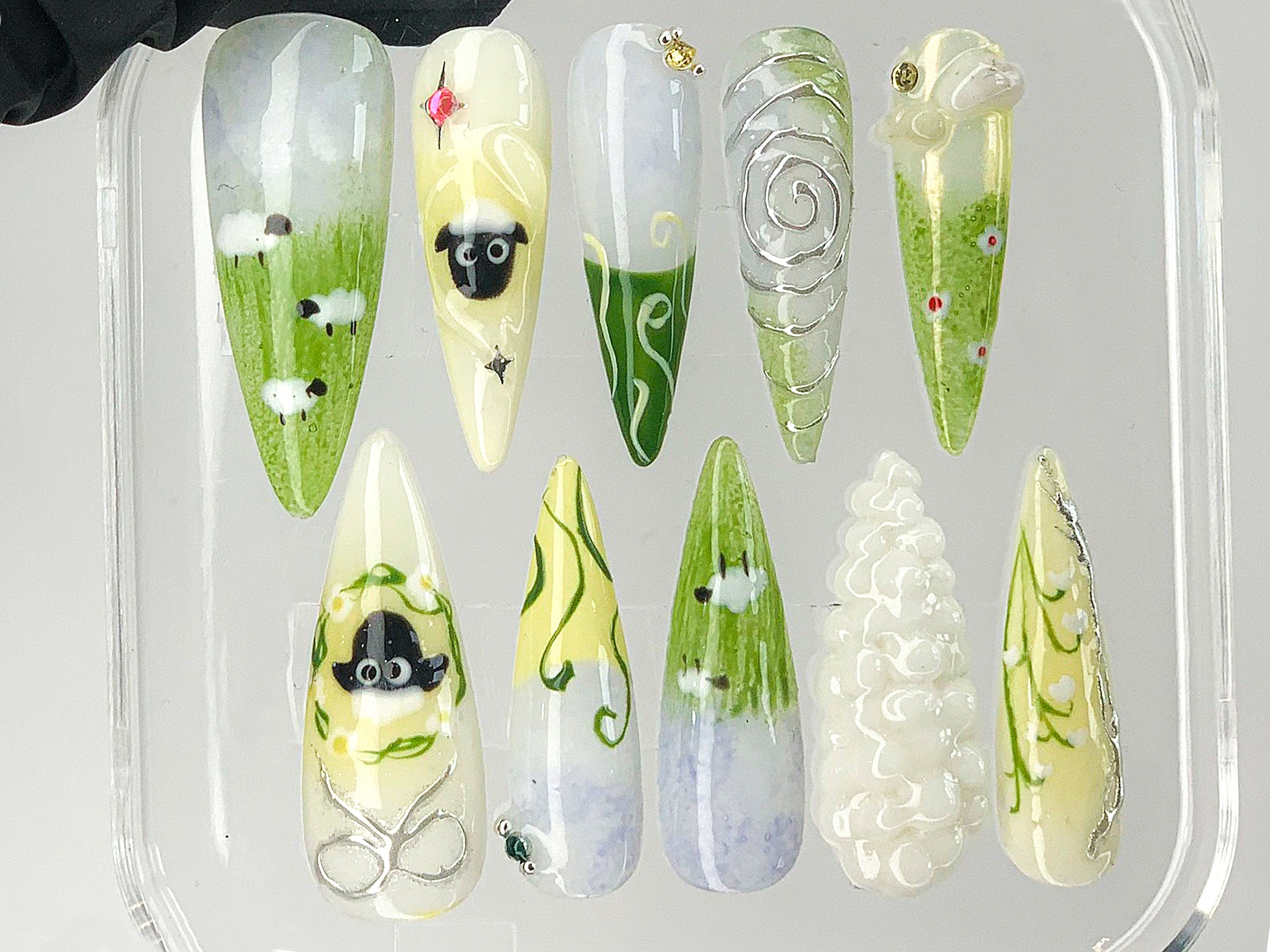 Cute Sheep Press On Nails | Custom Pastel Green Animal Handpainted Nail Art | 3D Gel Nail Designs | Watercolor in Fake Nails | OB418AM