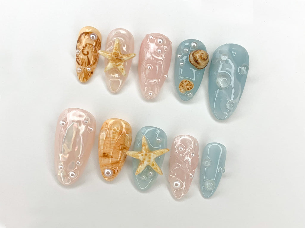 Ocean-Inspired 3D Press On Nails | Beach Theme with Seashells and Starfish | Handmade Press On Nails for Summer Vibes | OC297S