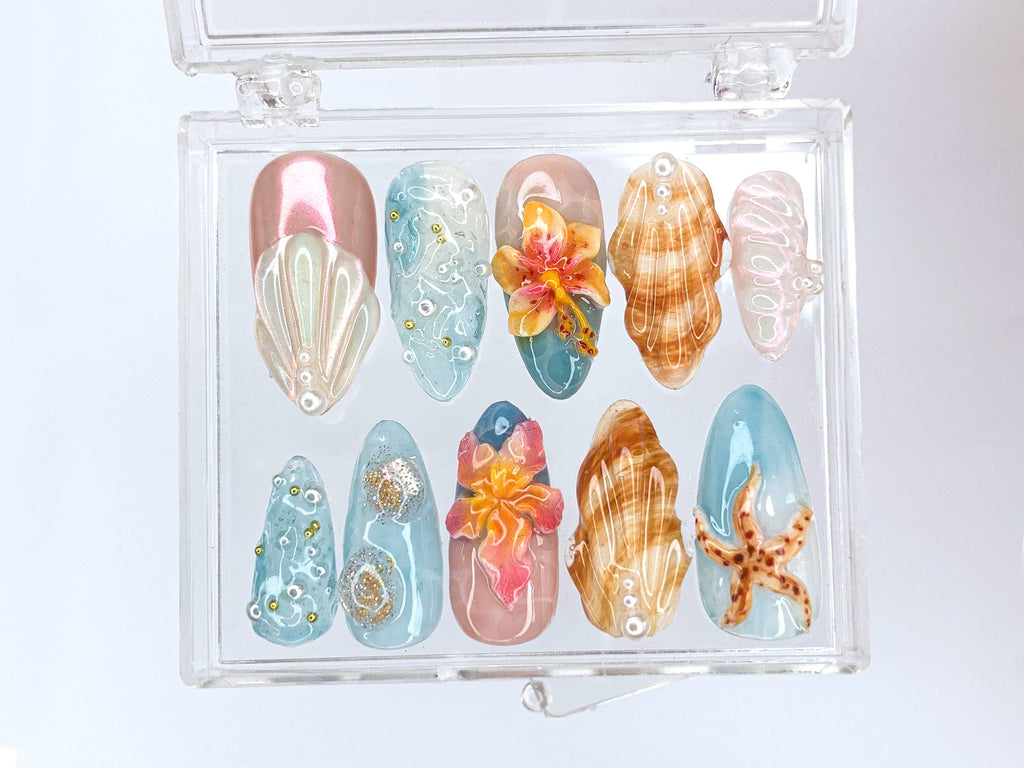 Tropical Beach 3D Press On Nails | Ocean-Inspired Designs with Flowers. Seashells. and Starfish | Handmade Press On Nails | OB421SL