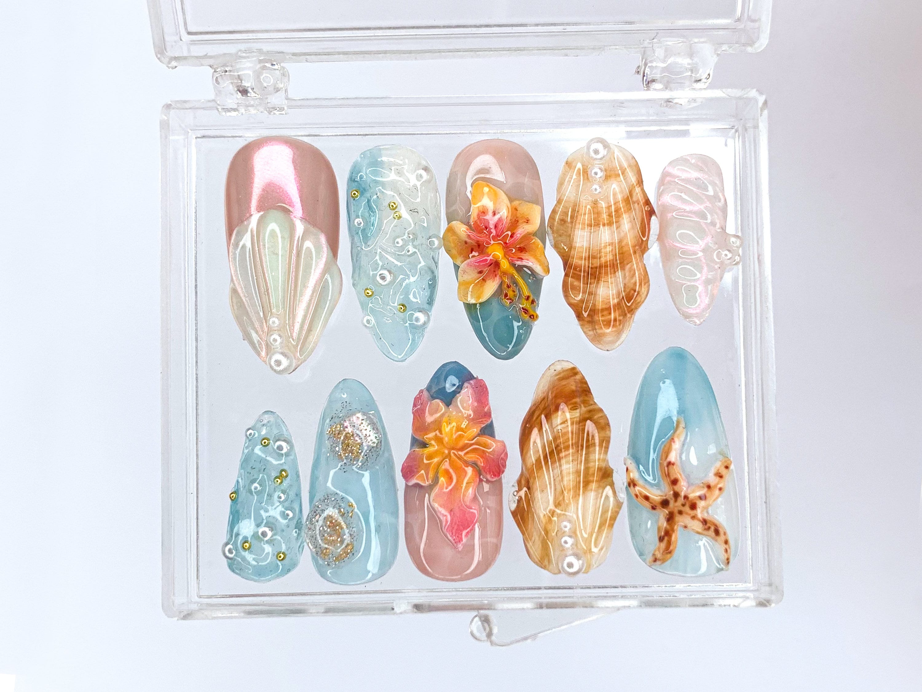 Tropical Beach 3D Press On Nails | Ocean-Inspired Designs with Flowers. Seashells. and Starfish | Handmade Press On Nails | OB421SL