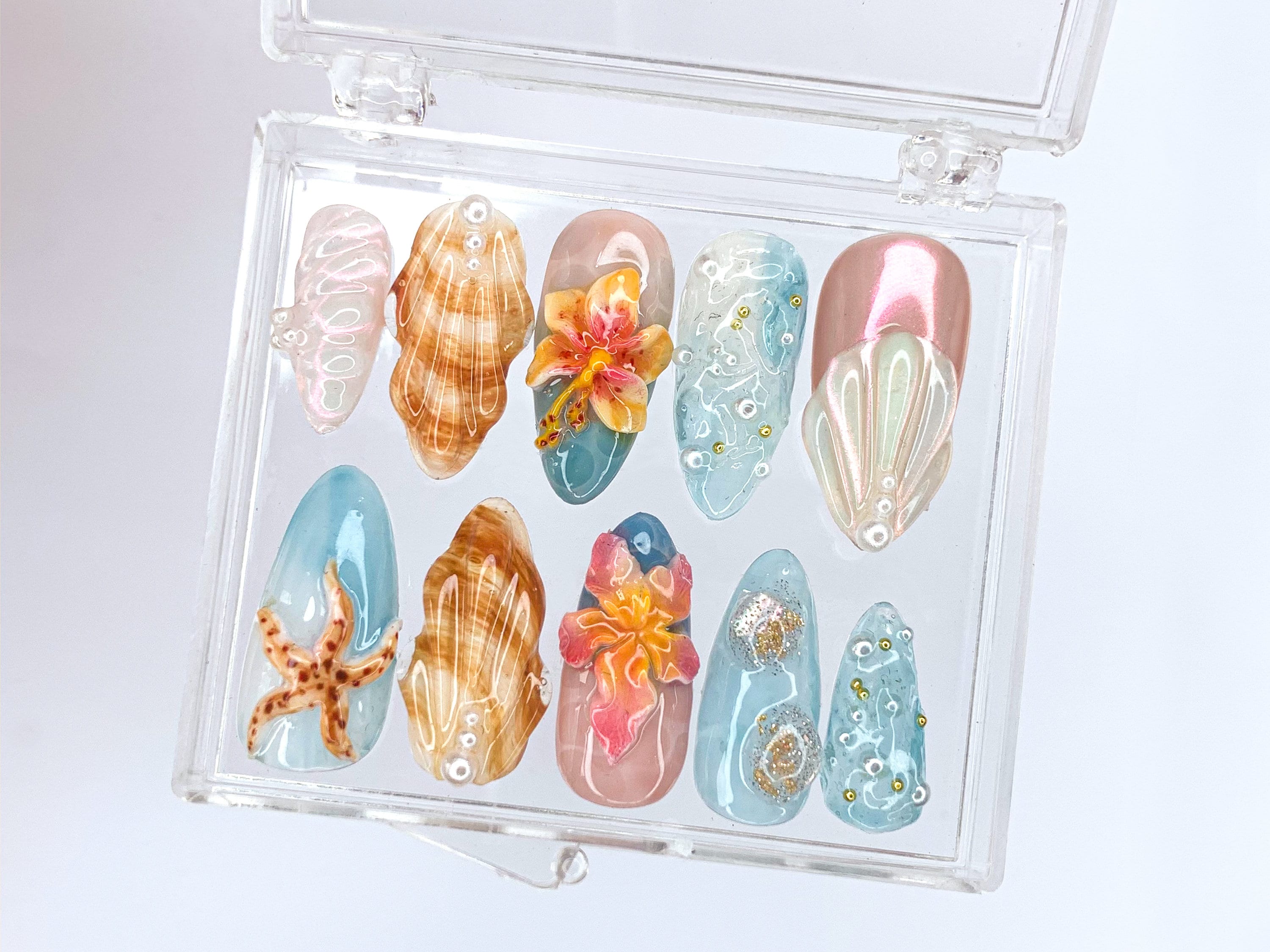 Tropical Beach 3D Press On Nails | Ocean-Inspired Designs with Flowers. Seashells. and Starfish | Handmade Press On Nails | OB421SL