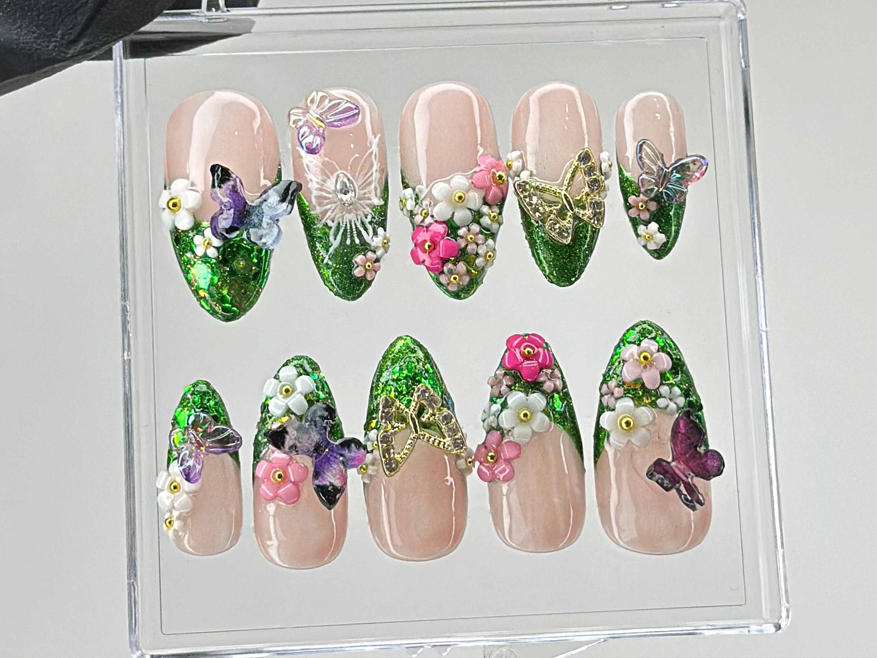 Luxury Green Glitter Press On Nails | Handcrafted Secret Garden Press On Nails |3D Butterfly and Floral Nail Art | Spring nails | OB435TL