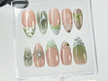 Green French Tips Press On Nails | Luxury False Nails with Floral and Leaf Designs | 3D Floral Nail Art| Summer nails | nail charms| OB467TG