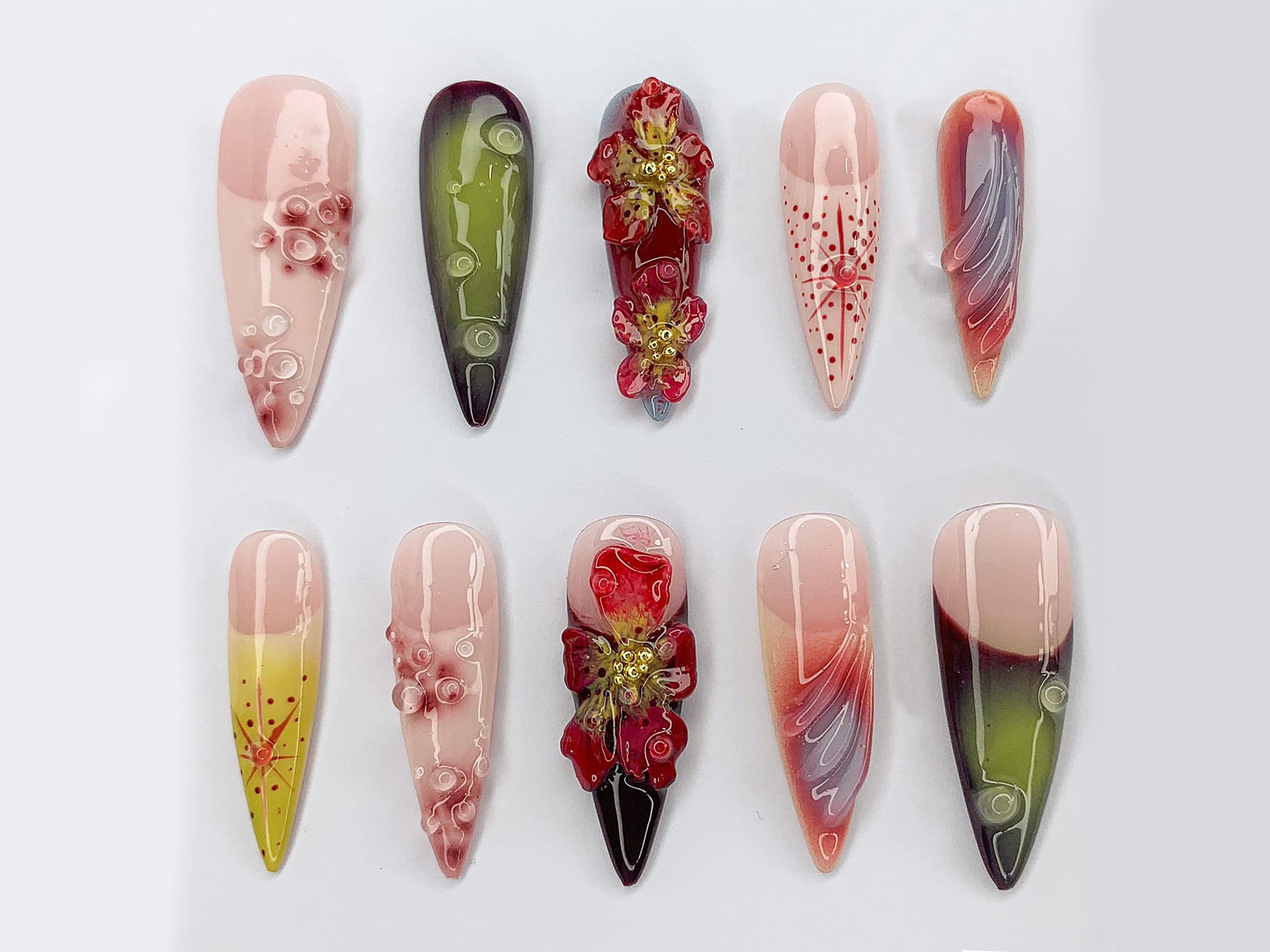 Custom Dreamy Press On Nails | 3D Jelly Orchids Nail Art | Hand-painted Acrylic Floral Press-Ons | FairyCore Flower Fake Nails | OB330AK