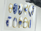 Japanese Koi Fish Porcelain Nails | White & Blue Press-On Nails | Custom Handmade Bát Tràng Ceramic Nail Art from Vietnam | OB480AV