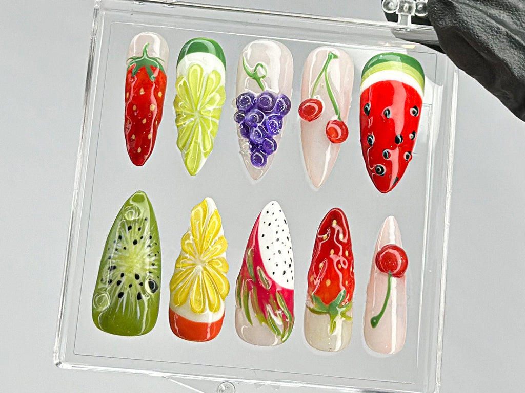 Colorful Fruit Press On Nails | Summer Holiday Fake Nails | Vibrant Fruit Nail Art | Tropical Fruit Press On Nails | Press Ons | OB448TL