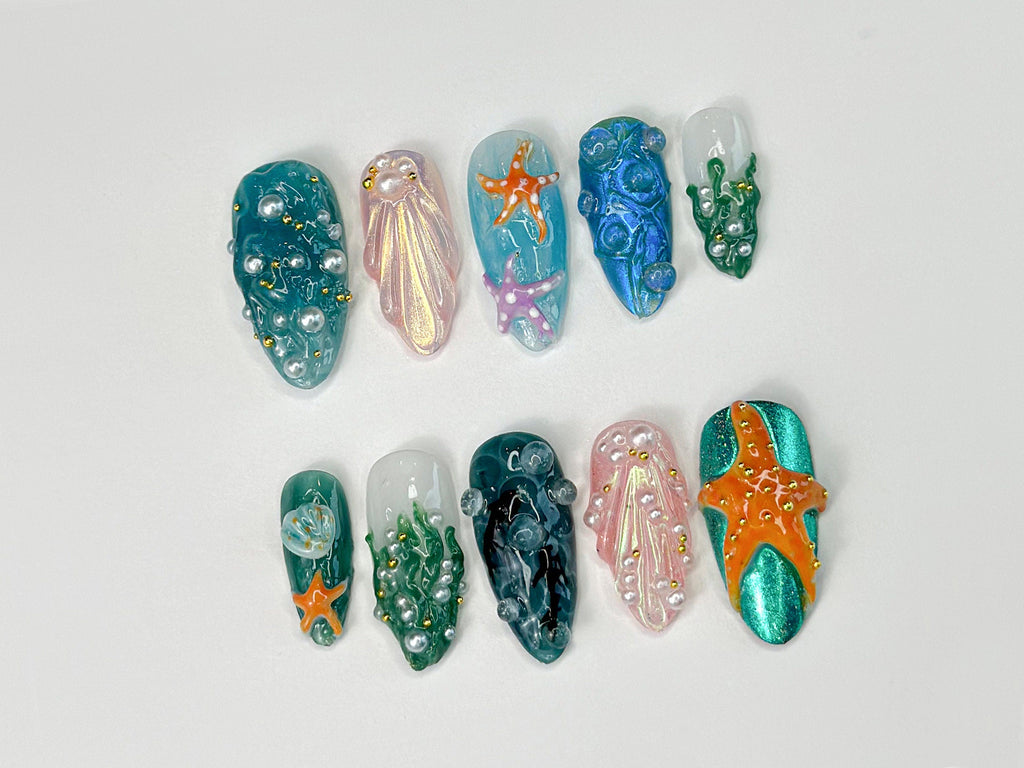 3D Tropical Beach Press On Nails | Ocean-Themed with Seaweed. Seashells. and Starfish | Handmade Press On Nails | OB316SL