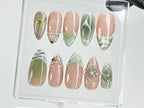 Green French Tips Press On Nails | Luxury False Nails with Floral and Leaf Designs | 3D Floral Nail Art| Summer nails | nail charms| OB467TG
