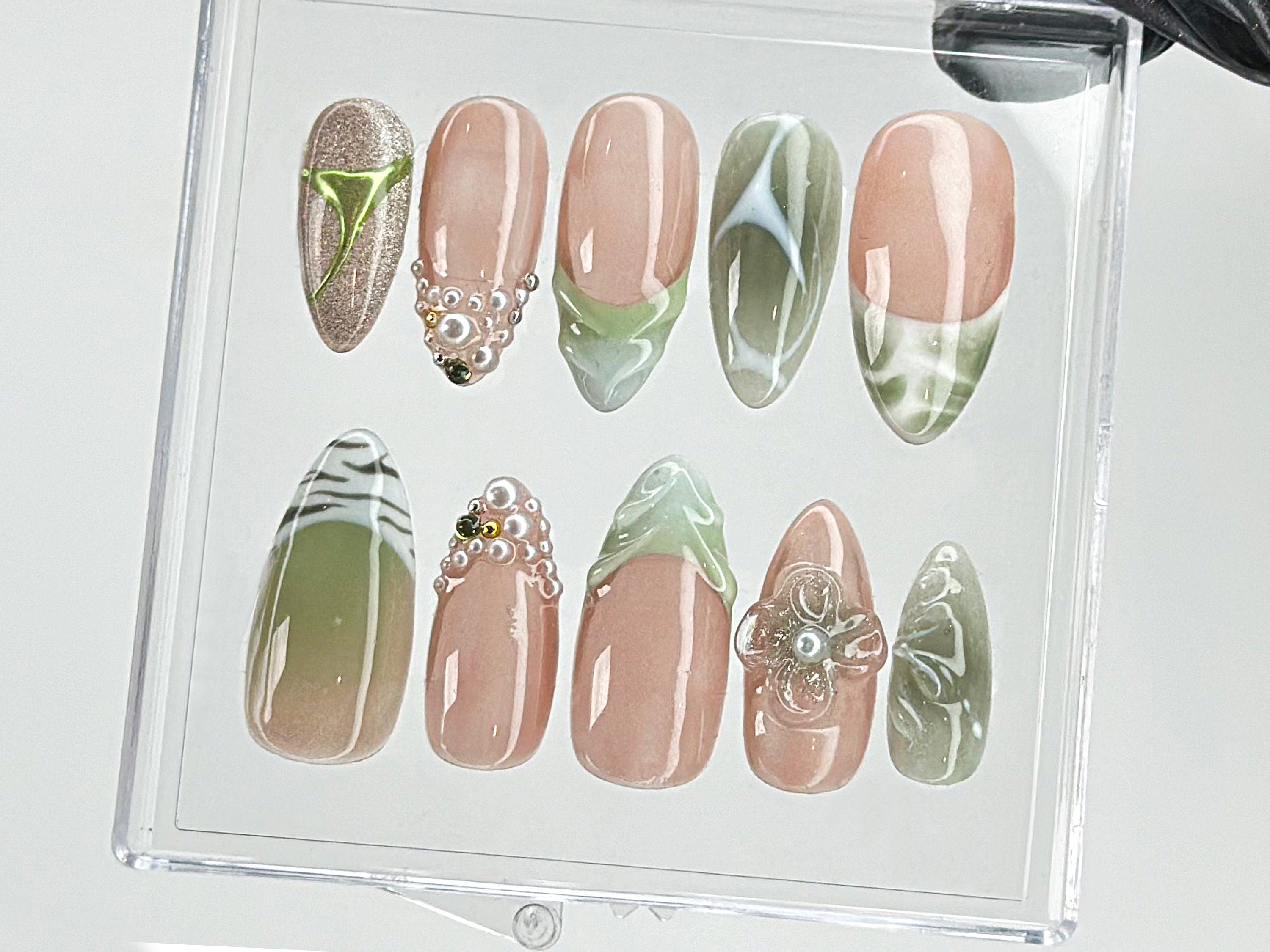 Green French Tips Press On Nails | Luxury False Nails with Floral and Leaf Designs | 3D Floral Nail Art| Summer nails | nail charms| OB467TG