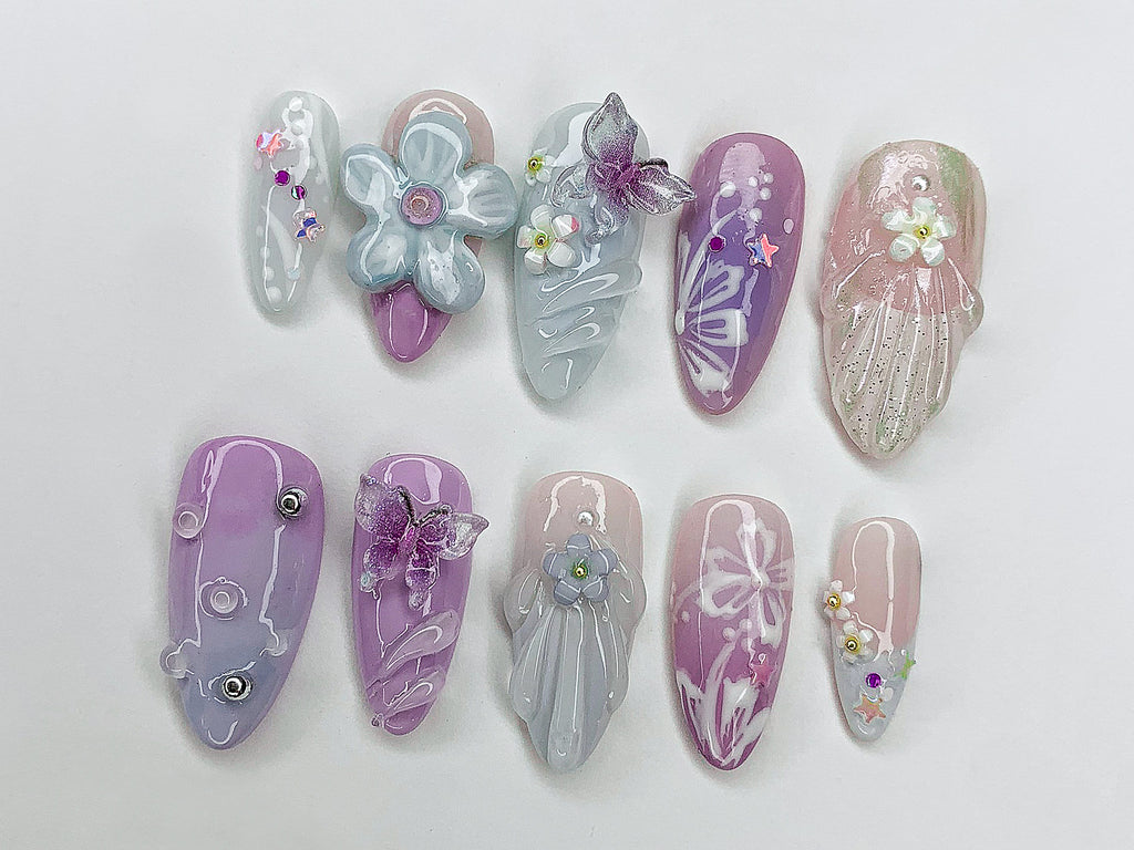 Dreamy Colorful Press On Nails | Summer Vibes with 3D Flower. Butterfly. Mermaid Designs | Cute/Adorable Blue and Pink Nail Art | OC353A